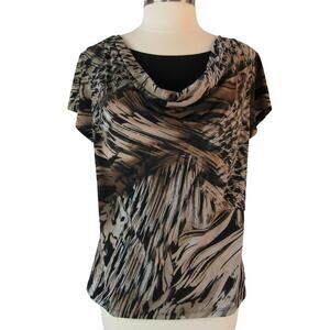 Clear Sky Slinky Blouse Cowl Neck Short Sleeves Size Large Geometric Motif